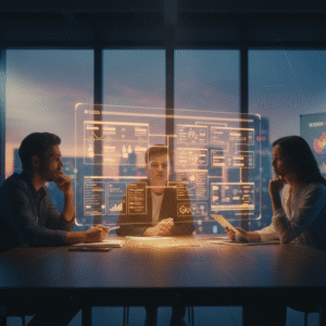 Trois professionnels examinent des tableaux de bord dans un bureau.