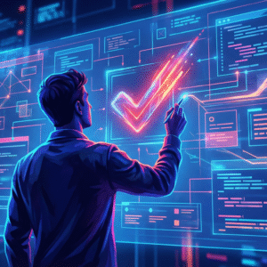 Homme de dos interagissant avec un écran transparent affichant des diagrammes et une case à cocher luminescente rouge et orange