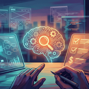 Illustration abstraite montrant deux tablettes avec données financières et un cerveau numérique luminescent entre elles, symbolisant l'analyse et la comparaison.
